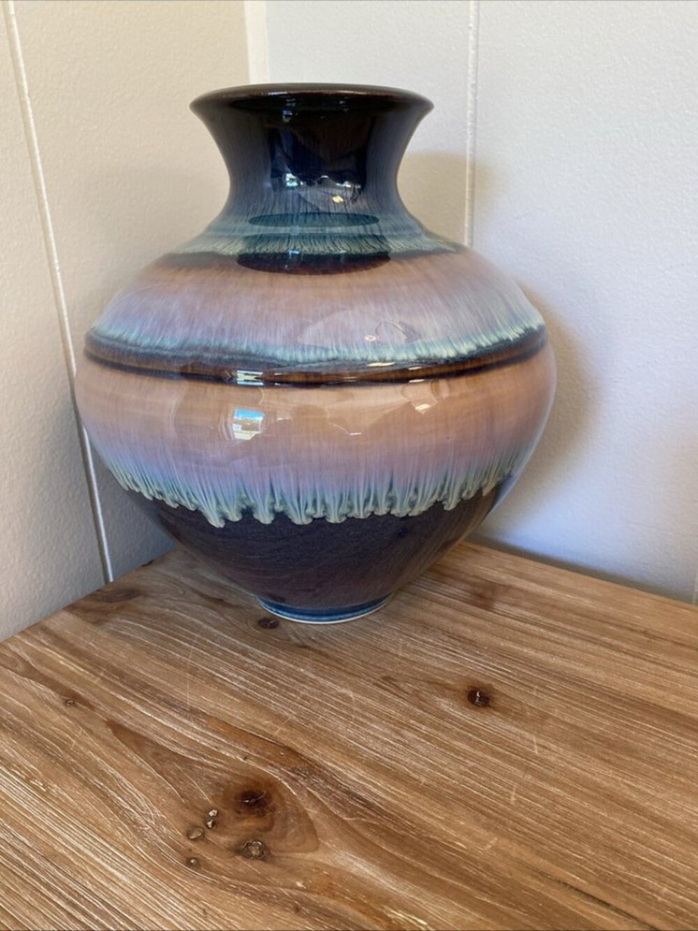 HTF Large Bill Campbell Studio Art Pottery Vase Blue Drip Glaze Purple Flambeaux